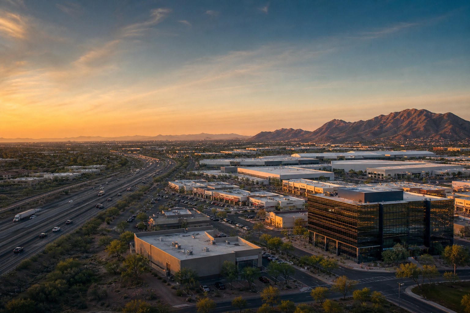 Phoenix metro commercial real estate portfolio aerial at golden hour